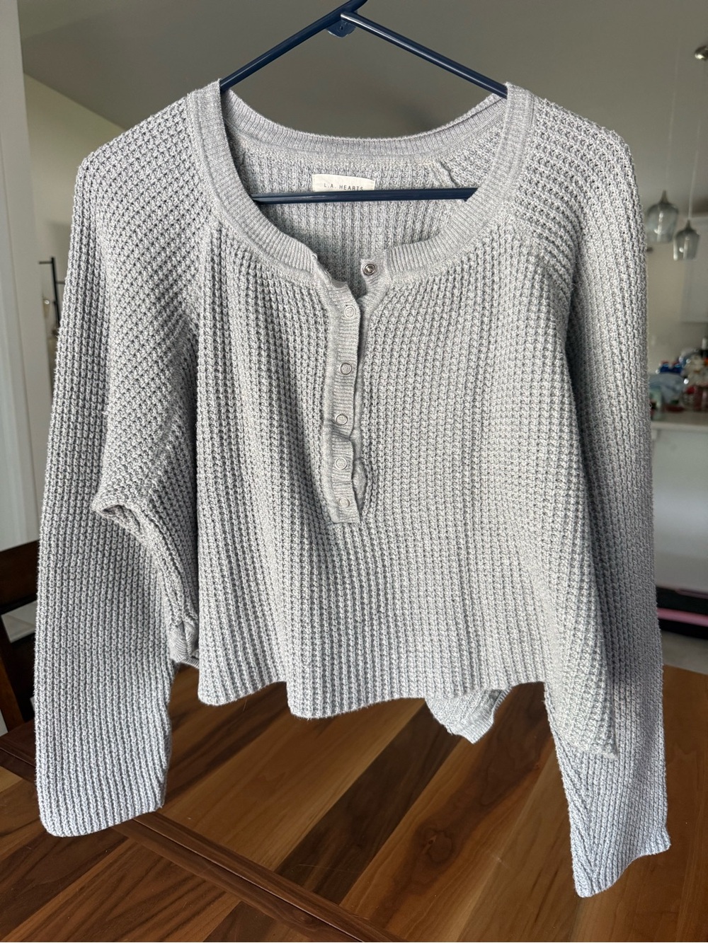 La Hearts Light Gray Waffle Cropped Henley Sweater